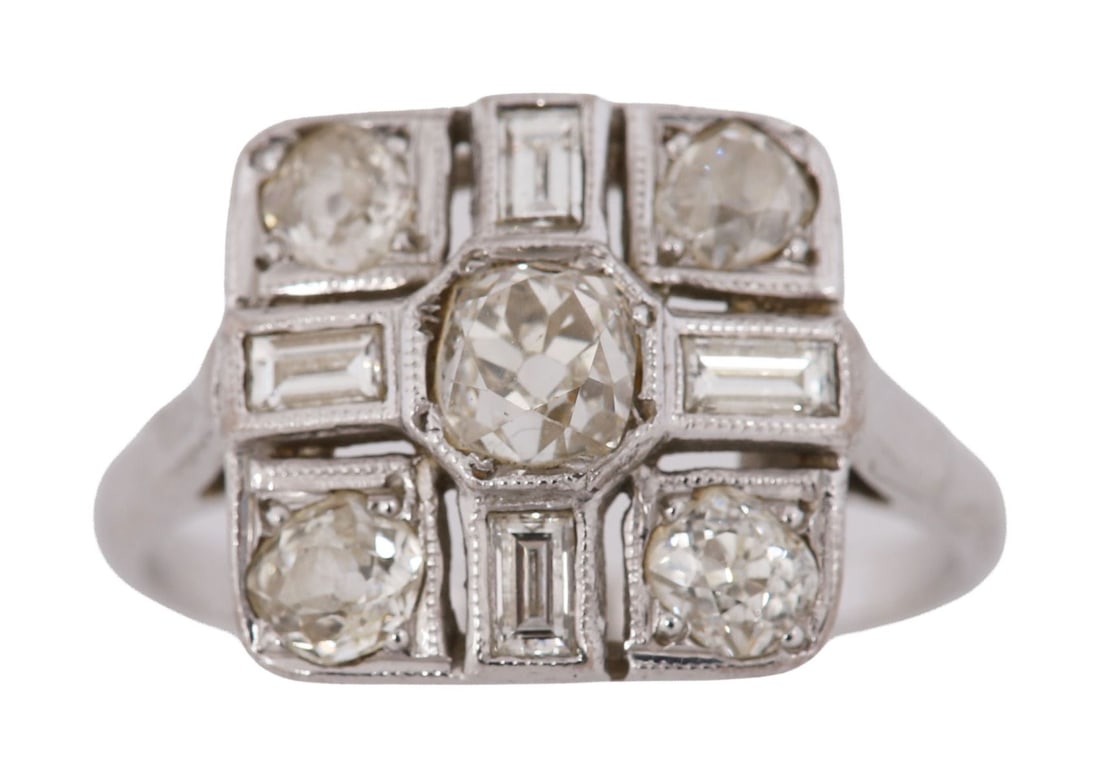 EARLY 20TH - CENTURY DIAMOND CLUSTER RING: White metal ring set with a central old-cut diamond within a cluster of further old-cut diamonds forming a geometric floral head.Ring size: approx. M–O JEWELLERY