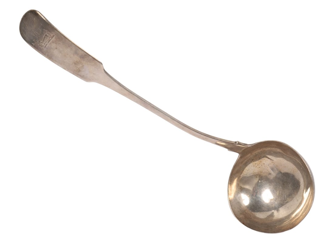 GEORGIAN IRISH SILVER SOUP LADLE: WITH WHEAT SHEAF CREST. Dublin 1812 maker Matthew west. A late 18th-century Irish silver soup ladle with deep circular bowl and long tapering handle, the terminal engraved with a crest depicting a she