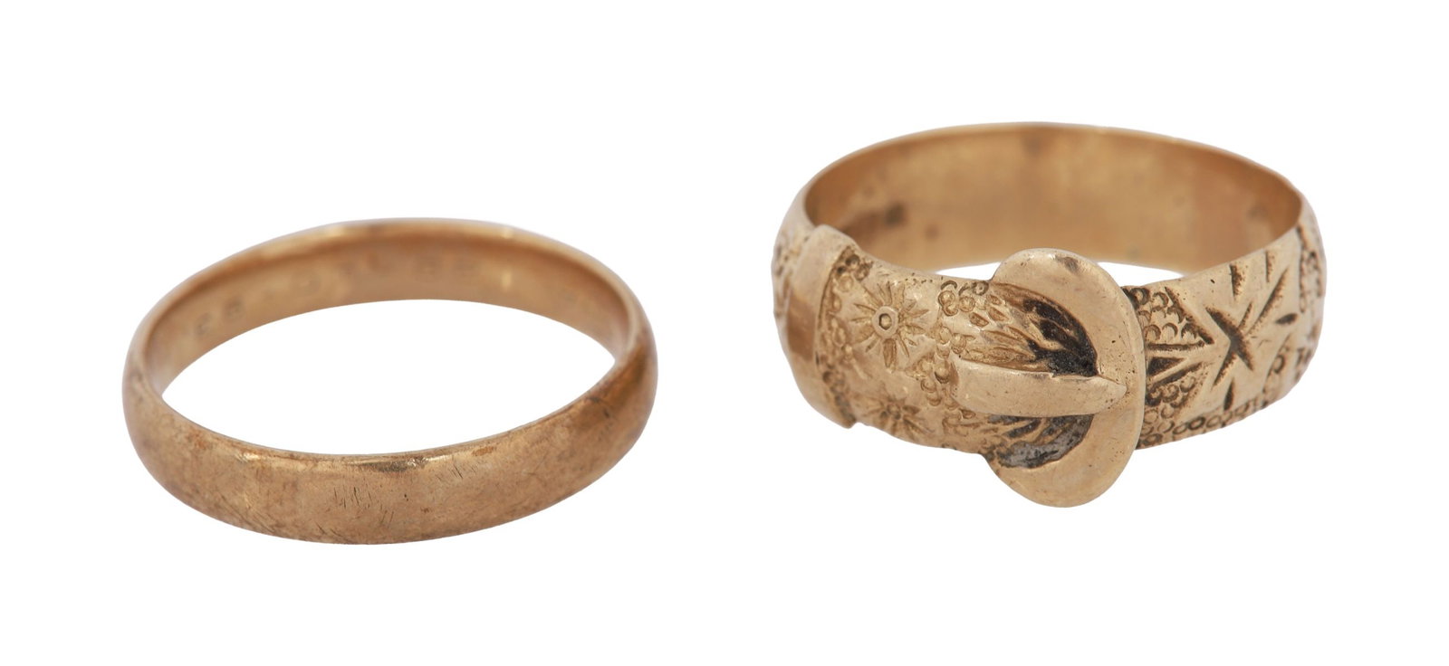 TWO 9CT GOLD RINGS: Comprising a Claddagh ring and a plain band. JEWELLERY