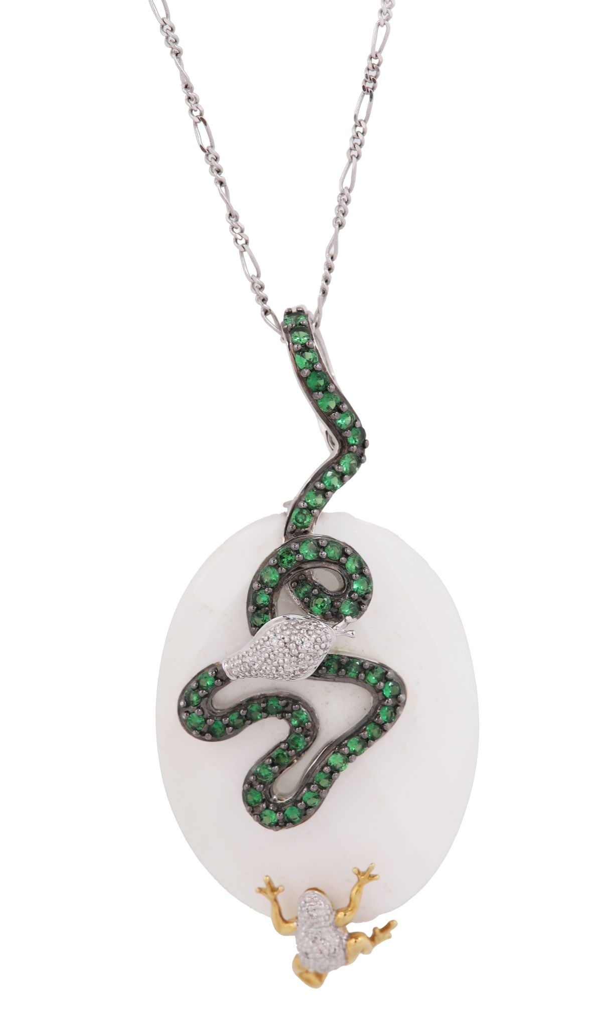 TSAVORITE & DIAMOND FROG & SNAKE PENDANT NECKLACE: An 18-carat gold pendant modelled as a frog entwined with a snake, set with tsavorite garnets and diamonds, on chain. JEWELLERY