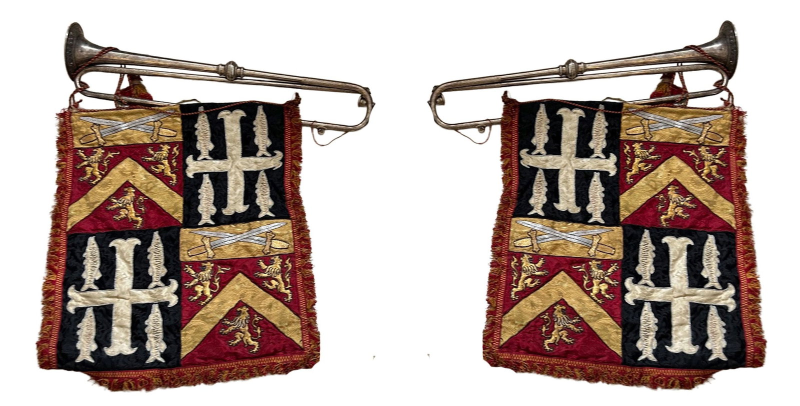 PAIR OF SILVER-PLATED HERALDIC BANNERS AND BUGLE: Pair of heraldic banners worked in coloured textile with embroidered arms, together with a silver-plated bugle engraved Army & Navy C.S.L., 105 Victoria St., London S.W., SILVER AND SILVER PLATE