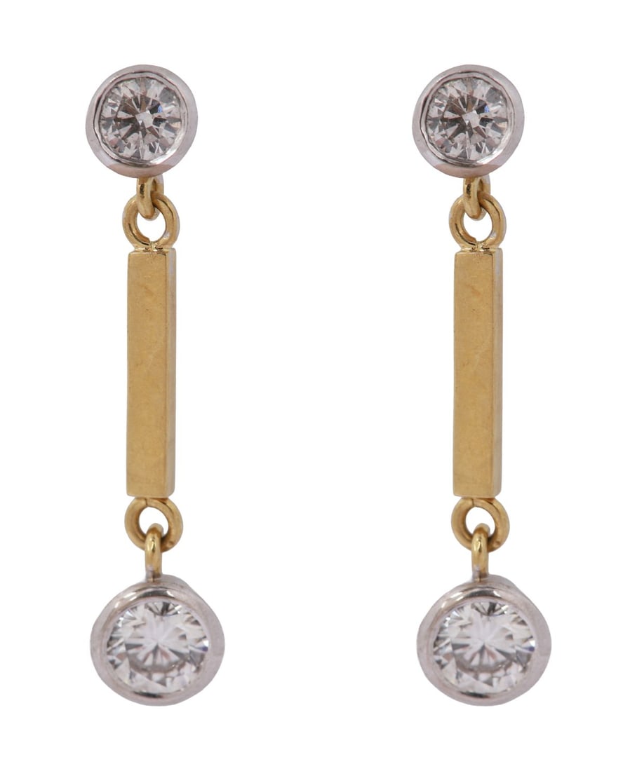 PAIR OF 18CT GOLD AND DIAMOND DROP EARRINGS: Each set with a larger and smaller round brilliant-cut diamond, suspended from a bar link, on post fittings. JEWELLERY
