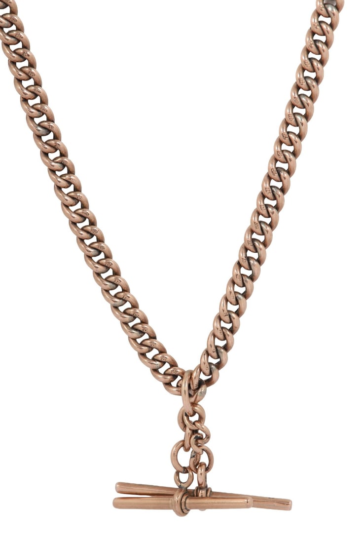 9CT GOLD CHAIN: with T-bar. 46 grams. JEWELLERY