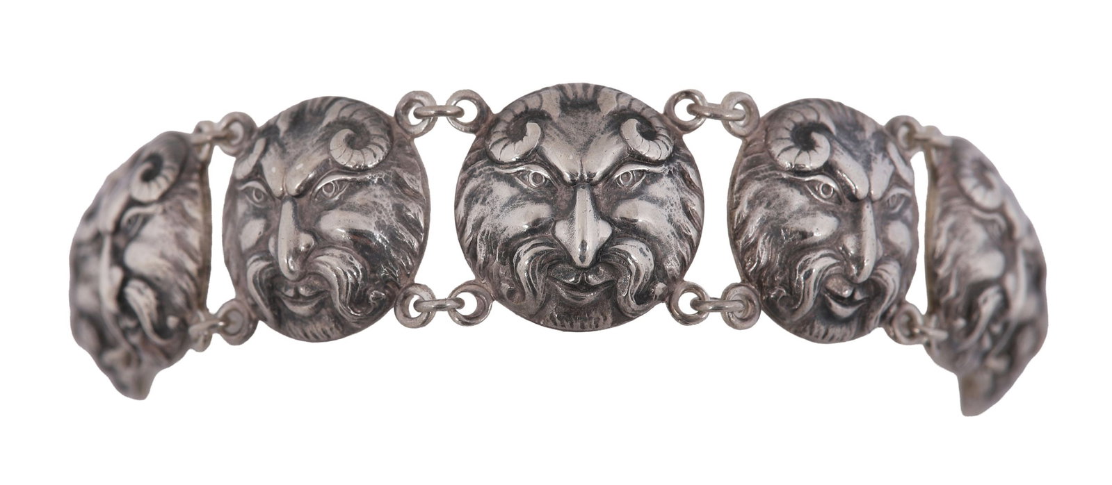 SILVER MASKS BRACELET: A bracelet composed of mask-form links. JEWELLERY