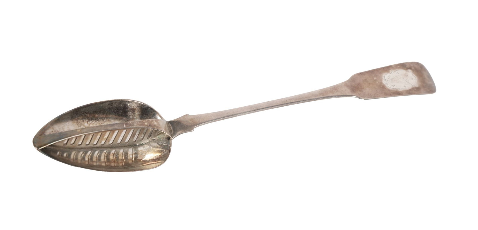 GEORGIAN IRISH SILVER DIVIDER SERVING SPOON: WITH HARP AND LION CREST DUBLIN 1810. Maker Thomas Townsend 156 grams. A late 18th-century Irish silver divider serving spoon, the bowl formed in two sections with central pierced division, the handle