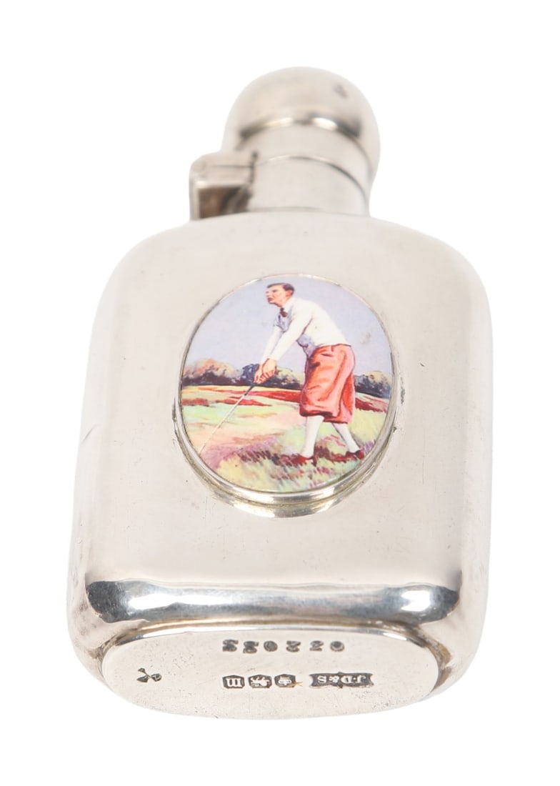 1904 SHEFFIELD SILVER HIP FLASK: Rectangular silver hip flask with bayonet cap, the body with applied golfing scene, fully hallmarked Sheffield 1904. SILVER AND SILVER PLATE