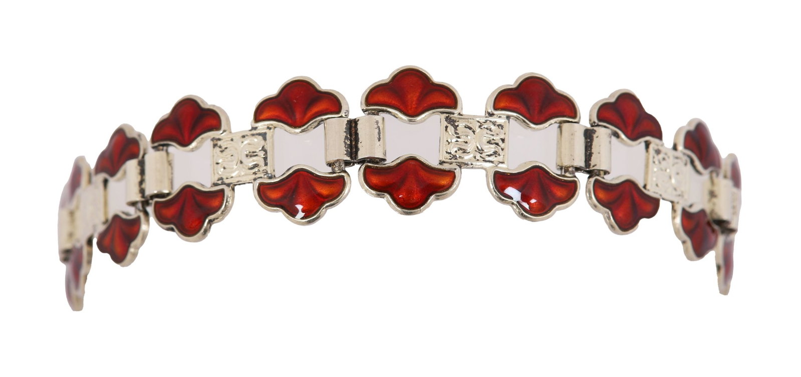 NORWEGIAN SILVER-GILT AND RED ENAMEL BRACELET: BY ALBERT SCHARING, A Norwegian silver-gilt bracelet with red enamel panels, by Albert Scharning, marked 925. JEWELLERY