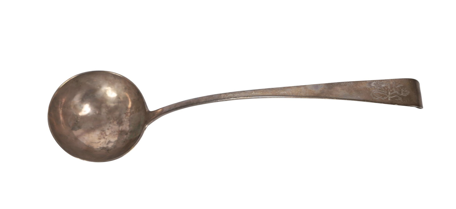 GEORGIAN IRISH SILVER SOUP LADLE: WITH LION CREST DUBLIN 1778, A late 18th-century Irish silver soup ladle with deep circular bowl and long tapering handle, the terminal engraved with a crest depicting a lion. 235 grams SILVER AND SIL