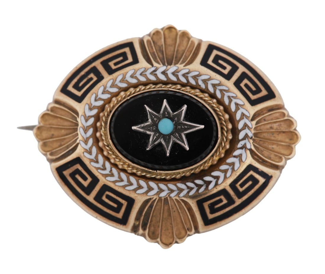 VICTORIAN GOLD AND TURQUOISE BROOCH: WITH ENAMEL DECORATION, A Victorian brooch set with turquoise and decorated with Greek key enamel, registration mark present. JEWELLERY
