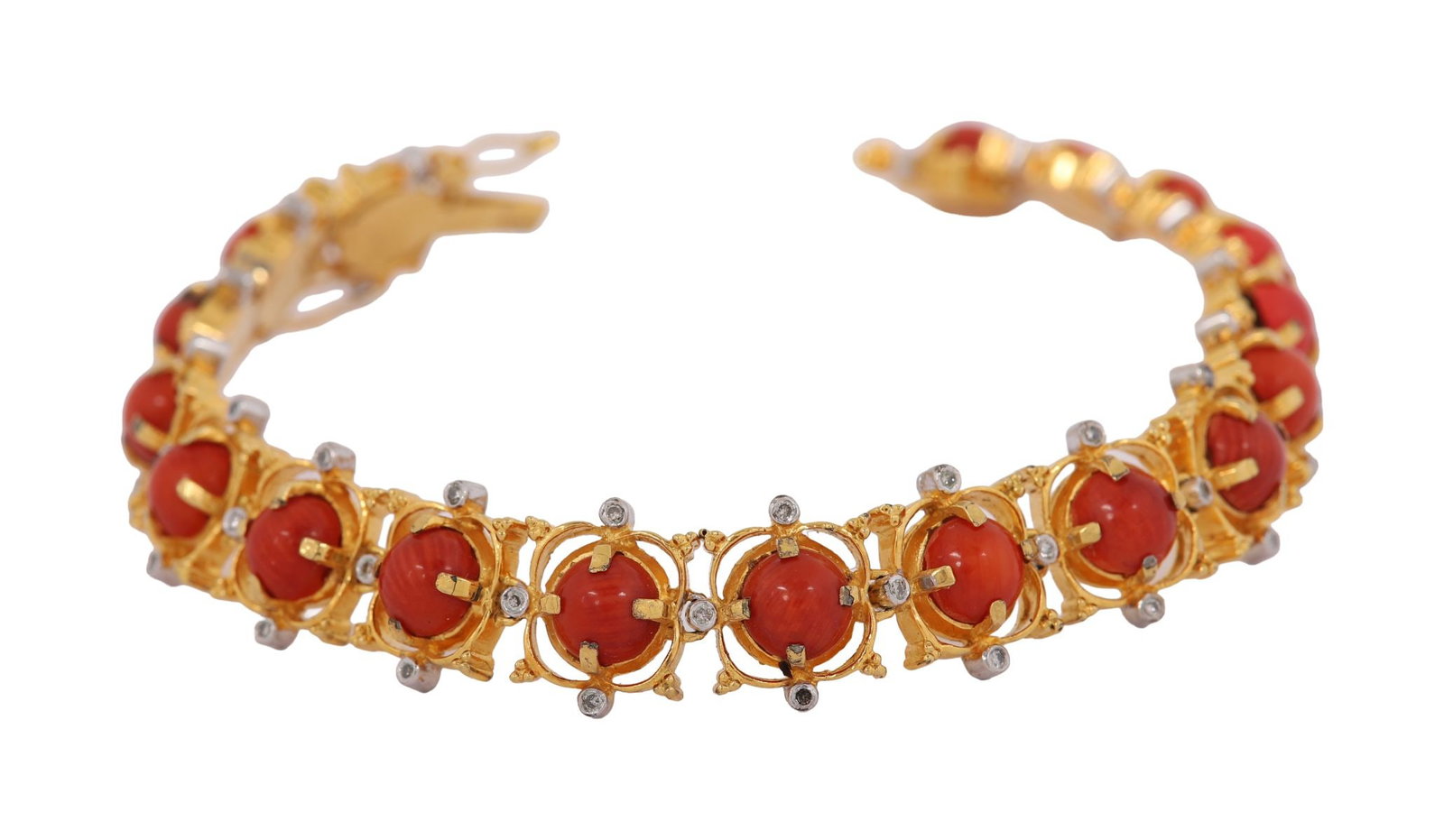 18K GOLD CORAL AND DIAMOND BRACELET: An 18-carat gold bracelet set with coral and diamonds. JEWELLERY