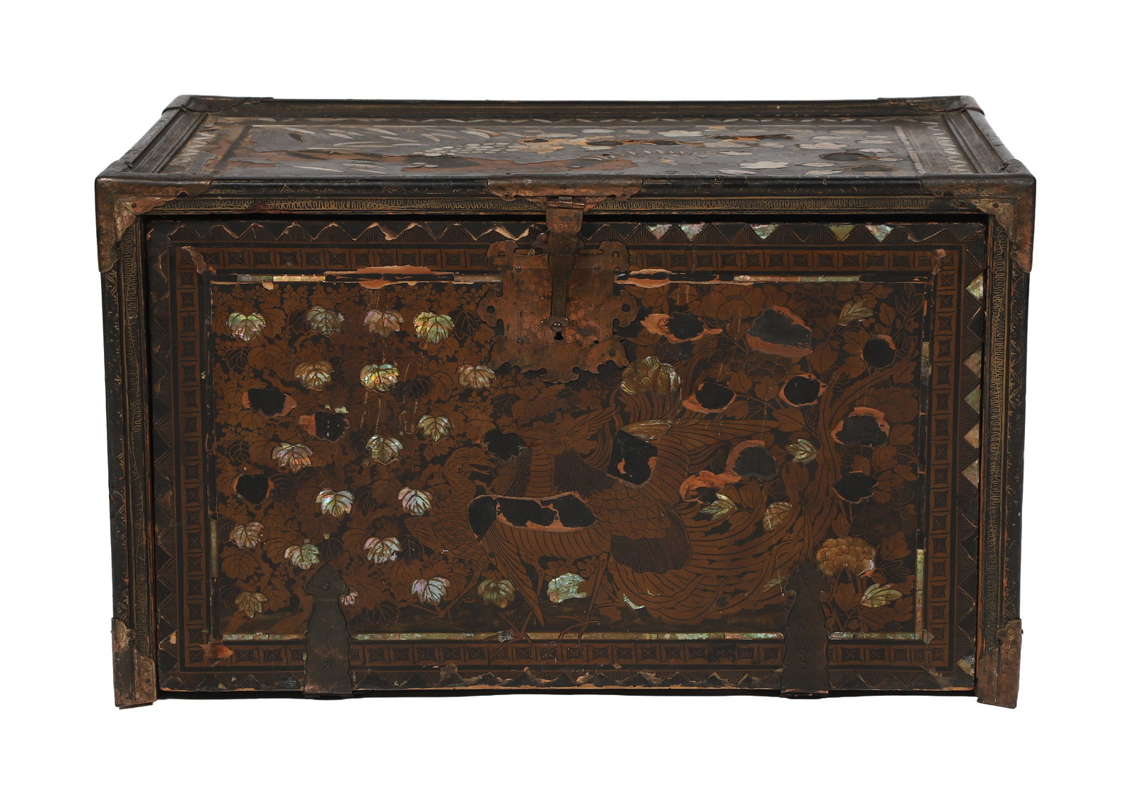 17TH-CENTURY JAPANESE LACQUERED COLLECTOR'S CABINET: the drop front opening to reveal a series of small drawers decorated with parcel-gilt and mother o'pearl inlay panels.
