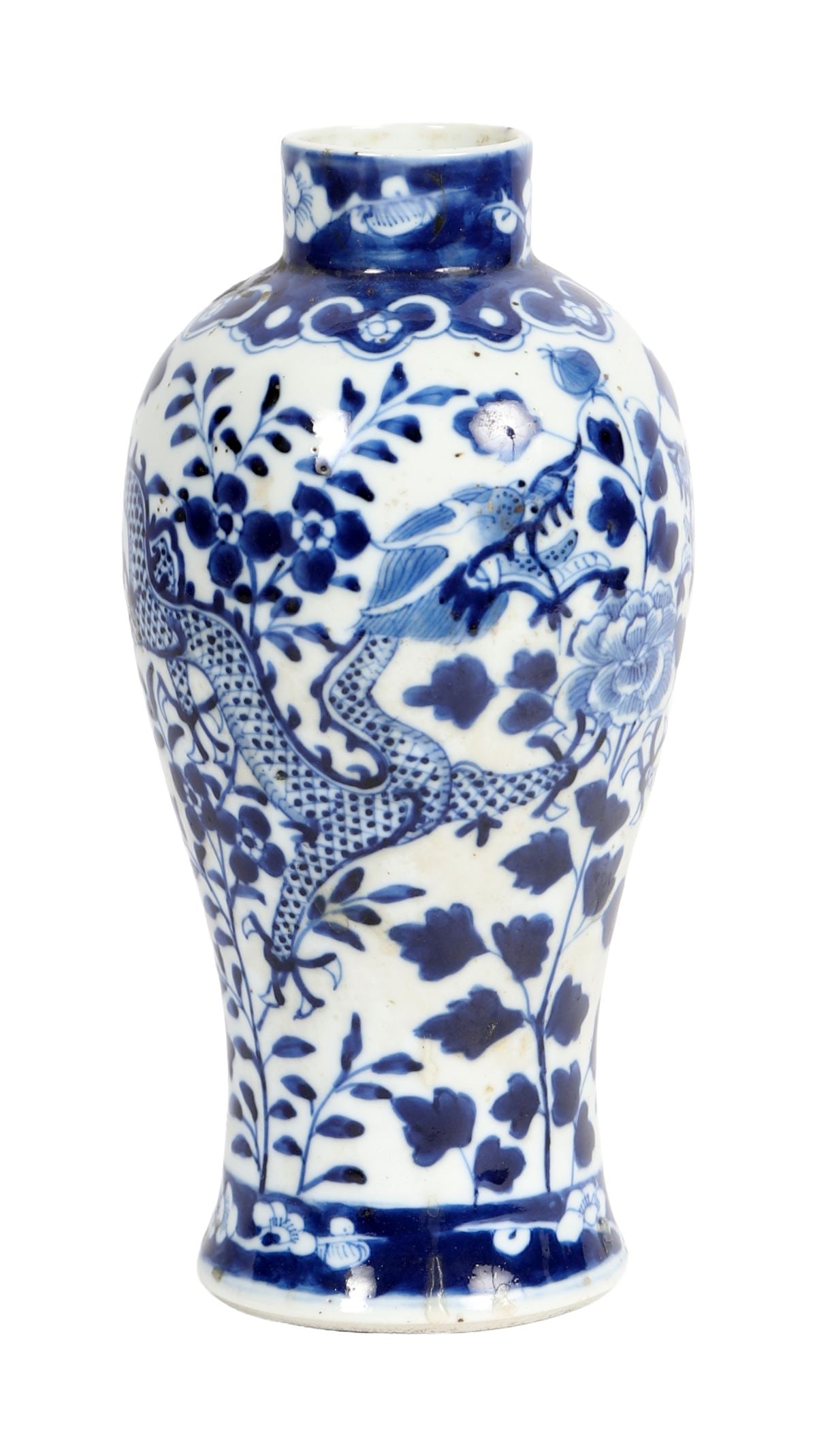 A CHINESE QING BLUE AND WHITE DRAGON VASE: A Chinese Qing blue and white vase, decorated with a dragon amongst foliage, of baluster form. CHINESE