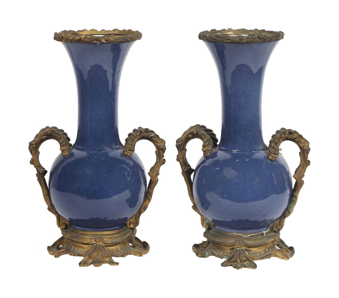 PR CHINESE ORMOLU MOUNTED KANGXI MONOCHROME VASES: A pair of Chinese Kangxi-style monochrome vases, mounted with ormolu bases and mounts, of baluster form. CHINESE