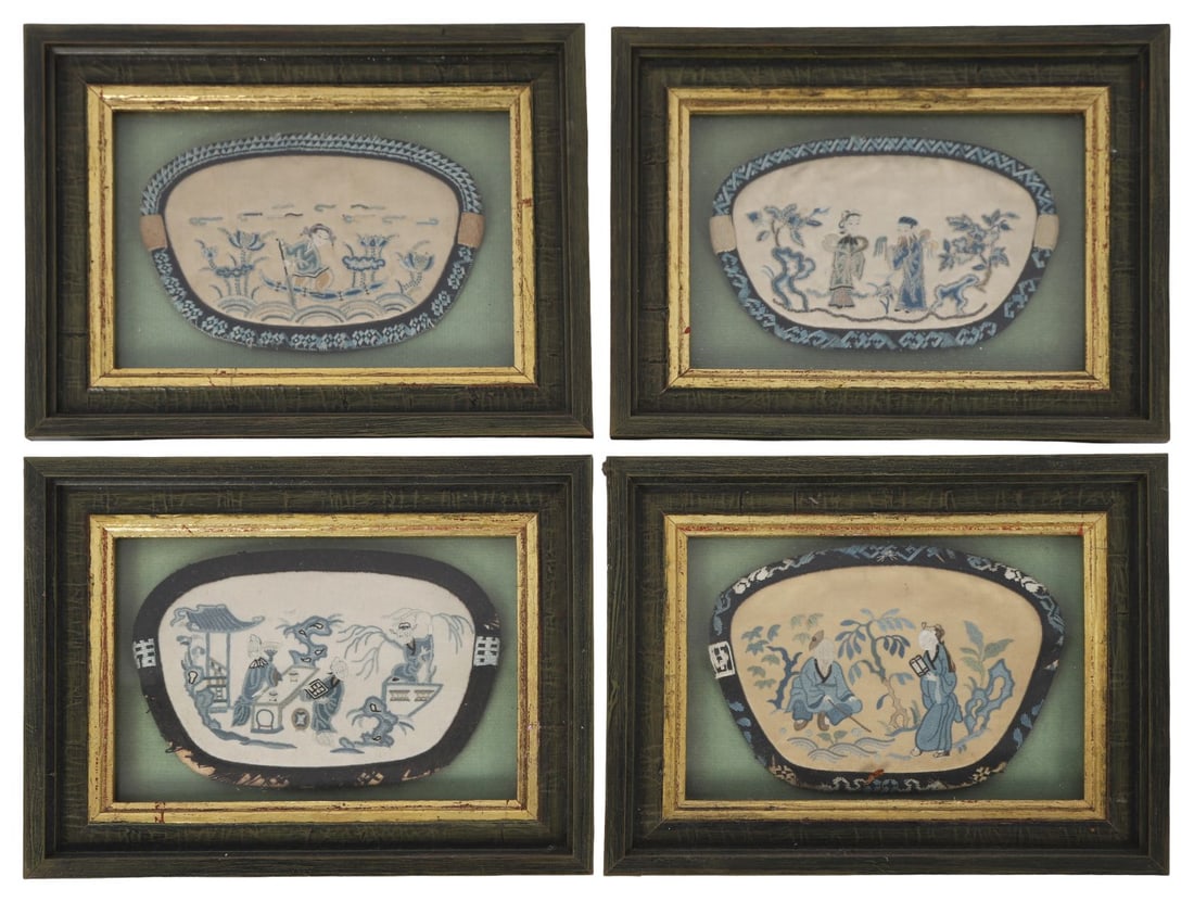 QING DYNASTY CHINESE SET OF 4 EMBROIDERED PANELS: Each oval silk panel embroidered with figures and landscape scenes in subdued tones, mounted on coloured grounds within gilt and painted frames. CHINESE