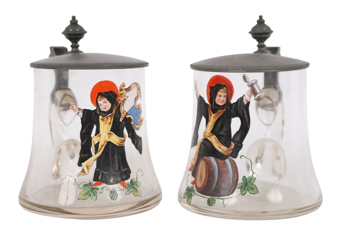 PAIR OF GLASS AND PEWTER BEER MUGS: each with a scroll handle surmounted by a turned finial. CERAMICS