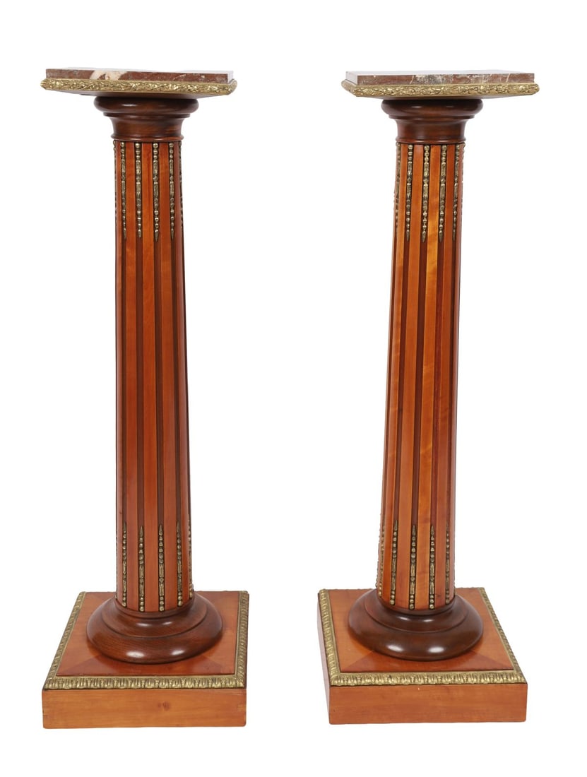 PAIR OF NAPOLEON III FRENCH MAHOGANY PEDESTALS: Each with square marble top above a fluted column inlaid with gilt-metal mounts, raised on stepped bases. FURNITURE
