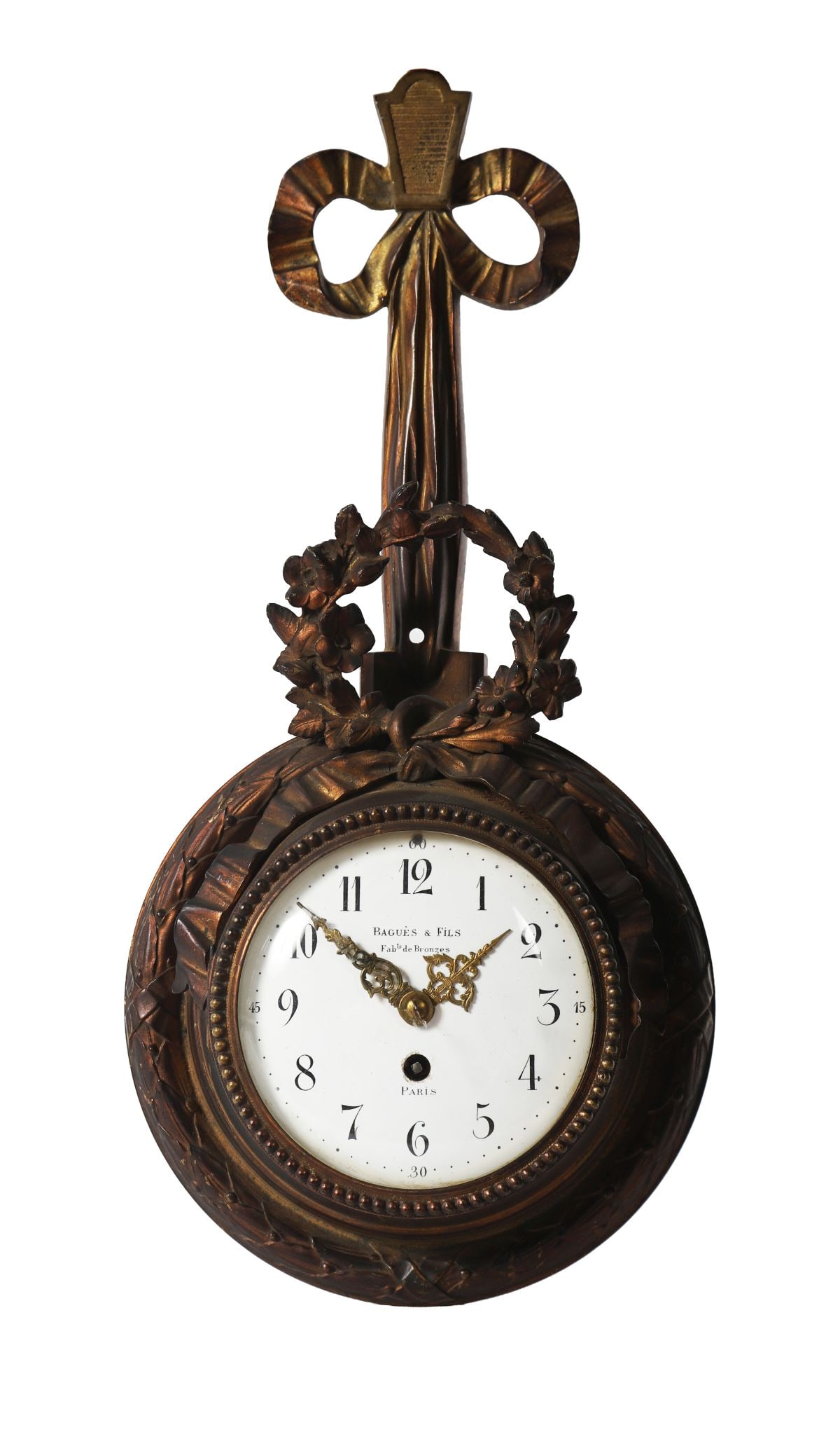 19TH-CENTURY FRENCH ORMOLU CARTEL CLOCK: With circular enamel dial within an ornate cast case with scrolling foliate ornament and cresting. CLOCKS AND BAROMETERS