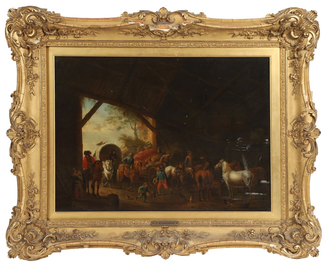 AFTER PHILIPS WOUWERMAN (HAARLEM, 1619 - 1668): Title: Horses, Wagons and Figures in a Barn Medium: Oil on Panel Signature: UnsignedProvenance: Bonhams, 'Old Master Paintings', London, 25 - 30 April 2025, Lot 56; Private CollectionNote: This is an 