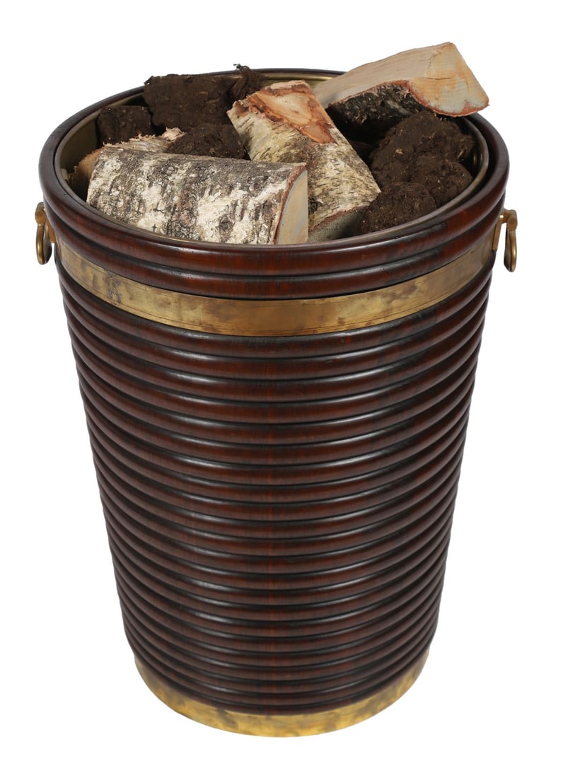 GEORGE III STYLE MAHOGANY RIBBED PEAT BUCKET: BRASS-MOUNTED, of tapered form furnished with brass ring handles. FURNITURE