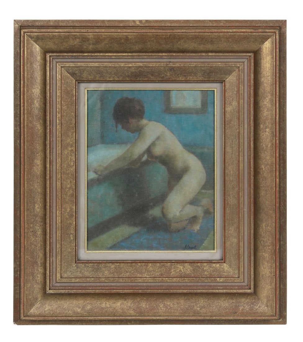 JAMES CAHILL (20TH/21ST CENTURY): Title: Blue Nude - BathroomMedium: Oil on Canvas BoardSignature: Signed Lower Right and Inscribed on Jorgensen Fine Art Label VersoProvenance: Jorgensen Fine Art, Dublin (Label Verso); Private