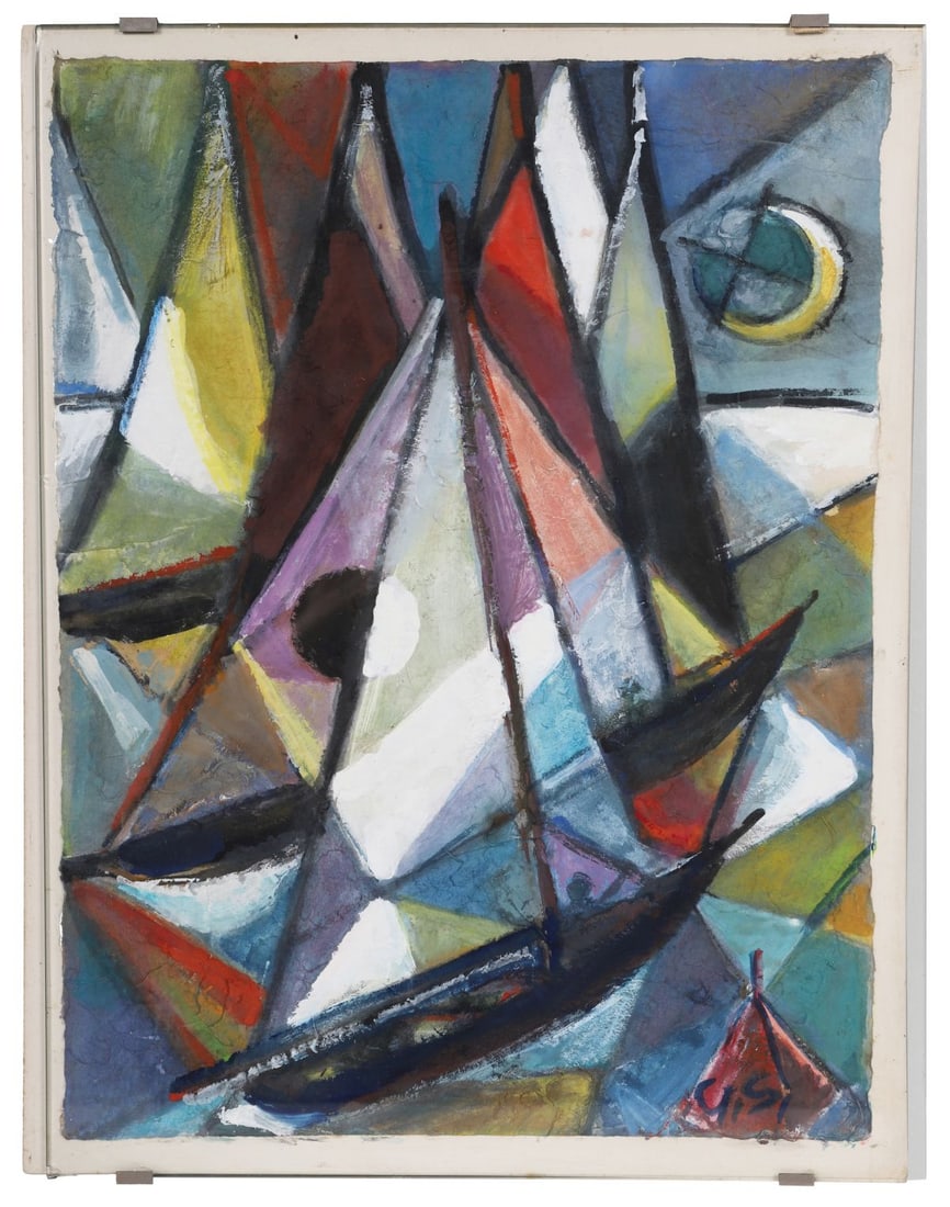 GUSTAV SCHLEICHER (GERMAN, 1887 - 1973): Title: Sailing (1956)Medium: Tempera on Paper Laid on BoardSignature: Signed Lower Right and Inscribed VersoProvenance: The Artist's Studio (Studio Stamp Verso); Private CollectionUnframed PICTURES