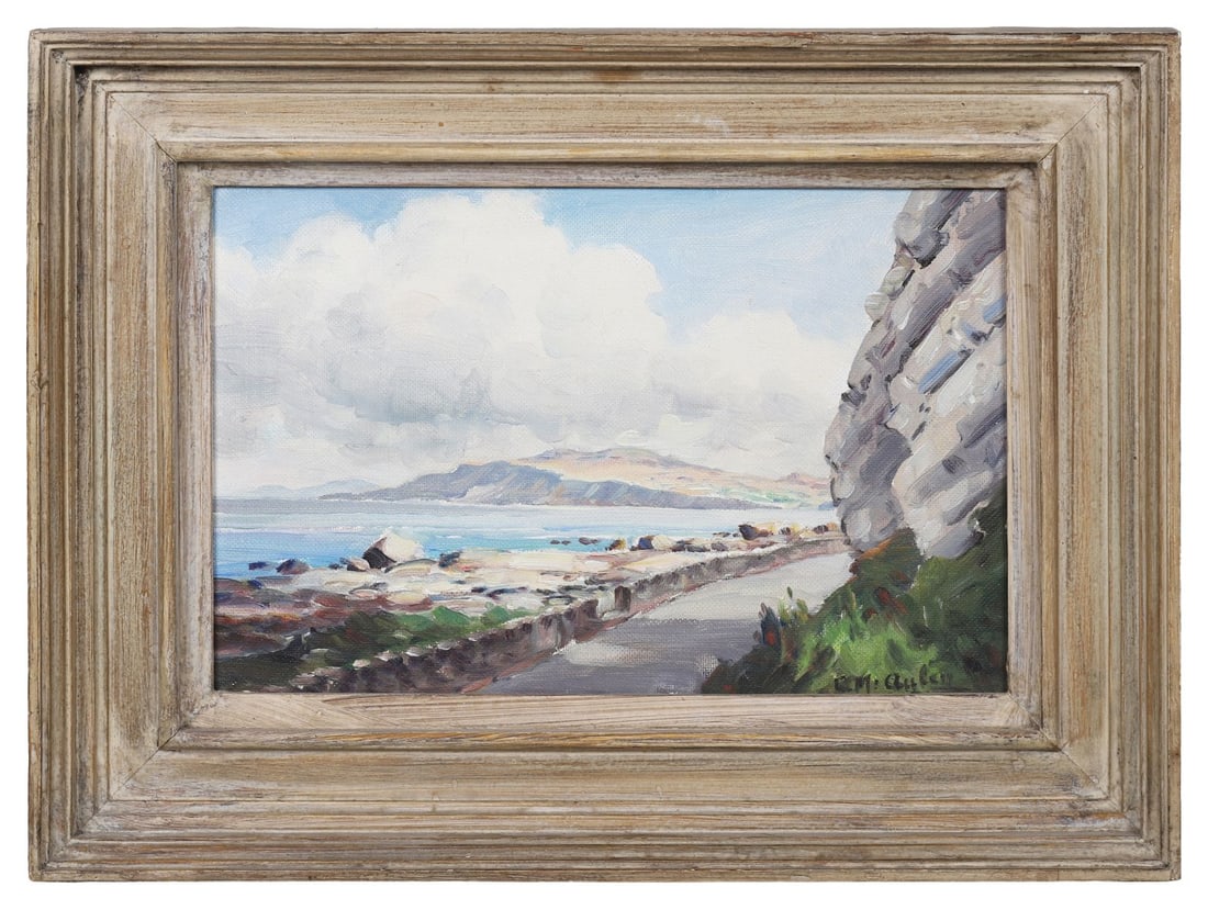 CHARLES J. MCAULEY RUA ARSA (1910 - 1999): Title: The Coast Road (C. 1959)Medium: Oil on BoardSignature: Signed Lower Right and Inscribed VersoProvenance: James Bourlet and Sons, London, 1959 (Label Verso), Where acquired by Mrs. U.M.