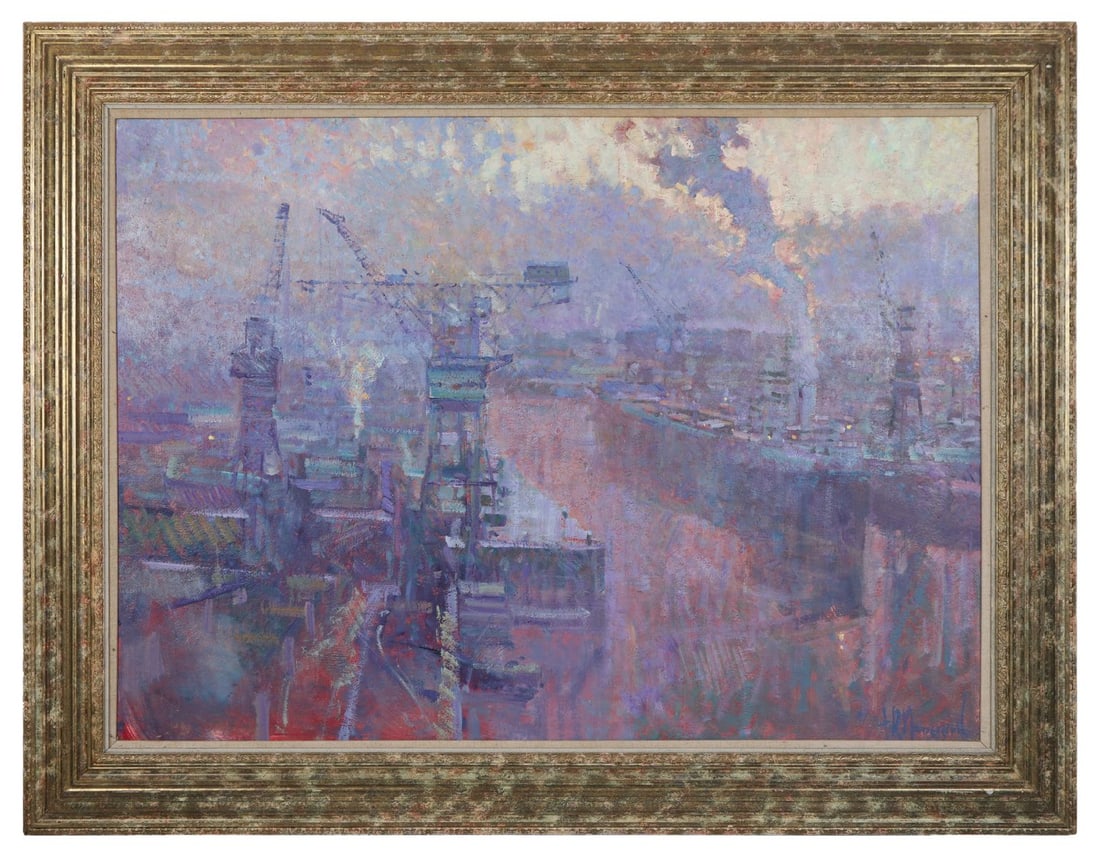 ARTHUR K. MADERSON (B. 1942): Title: Glasgow DocksMedium: Oil on BoardSignature: Signed Lower RightProvenance: Acquired directly from the artist by the previous owner circa 1987; Bonhams, 'Modern British and Irish Art', London,