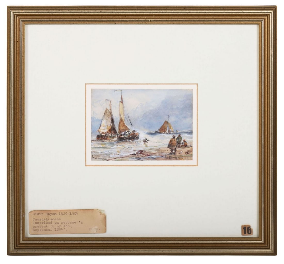 EDWIN HAYES RHA RI ROI (1819 - 1904): Title: Coastal Scene with Figures Waiting for the Boats (1894)Medium: WatercolourSignature: Signed Lower Left and Inscribed on Label Lower Left and Artist's Label VersoProvenance: Gifted by the