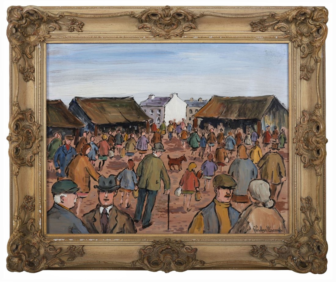 GLADYS MACCABE MBE HRUA ROI FRSA (1918 - 2018): Title: Market DayMedium: Oil on BoardSignature: Signed Lower RightProvenance: Private CollectionFramed PICTURES AND PRINTS Wednesday 10th June 2026 15:10:00