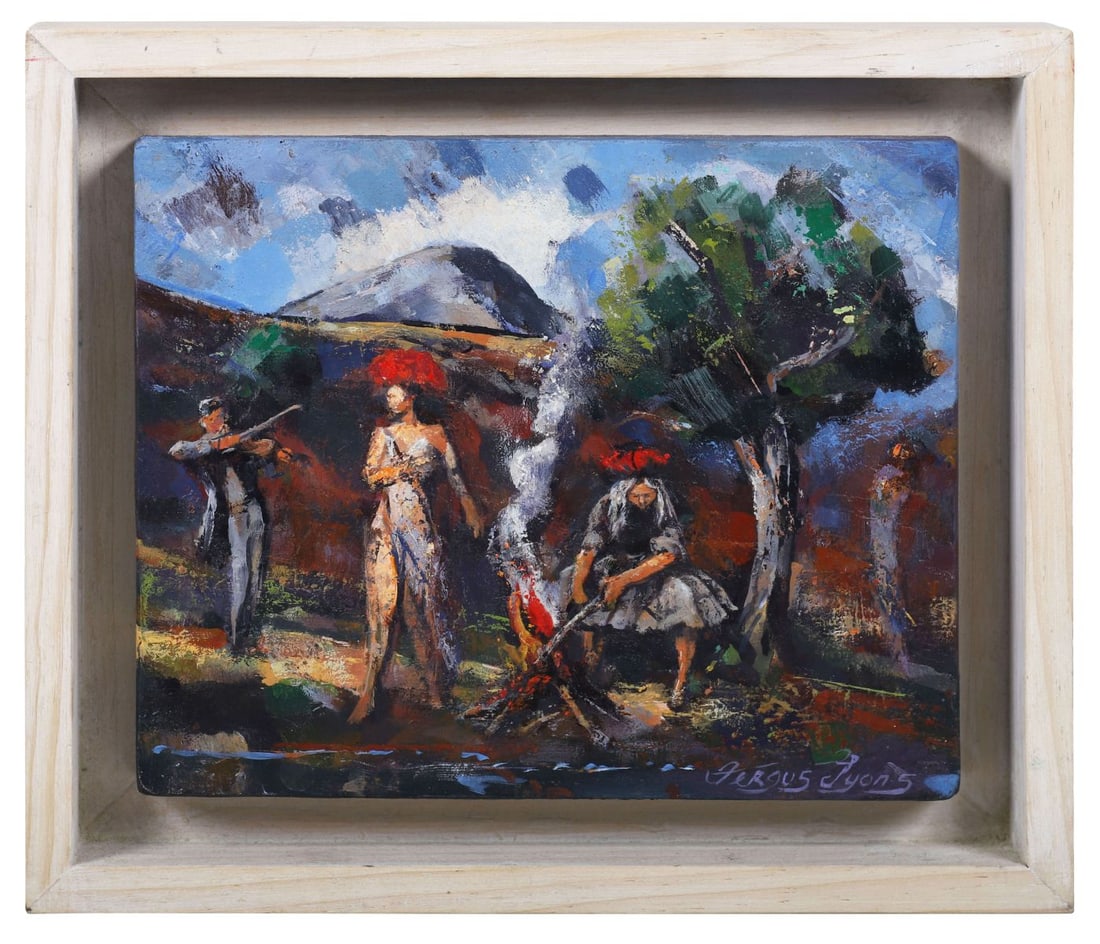 FERGUS LYONS (B. 1950): Title: Tending the FireMedium: Oil on BoardSignature: Signed Lower Right and Inscribed VersoProvenance: Private CollectionFramed PICTURES AND PRINTS Wednesday 10th June 2026 15:10:50
