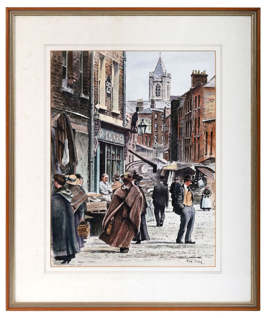 TOM DALY (20TH CENTURY): Title: Strolling by the StallsMedium: WatercolourSignature: Signed Lower RightProvenance: Combridge Fine Arts, Dublin (Label Verso); Private CollectionFramed PICTURES AND PRINTS Wednesday 10th June