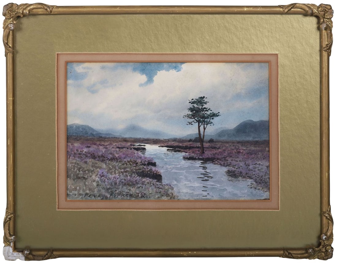 WILLIAM PERCY FRENCH (1854 - 1920): Title: Bog of Allen (1914)Medium: WatercolourSignature: Signed and Dated Lower LeftProvenance: The Collection of Hugh Charlton, Apollo Gallery, Dublin (Label Verso); Private CollectionFramedA classic 