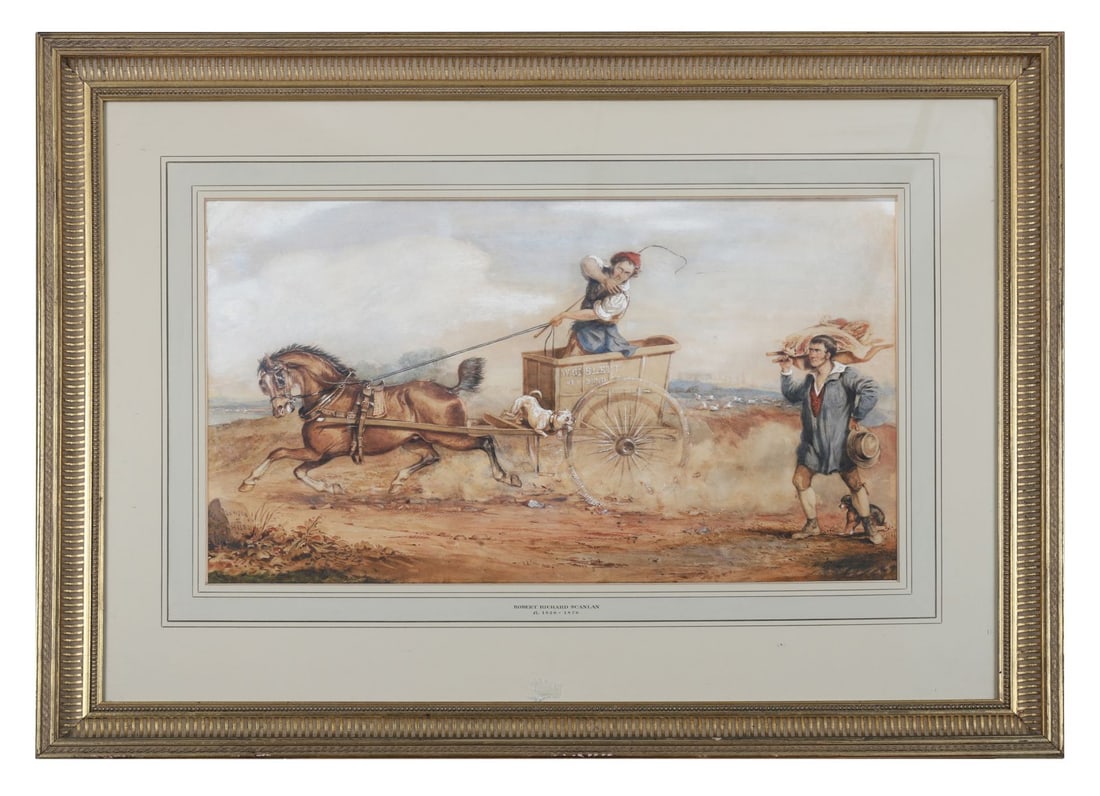 ROBERT RICHARD SCANLAN RHA (1801 - 1876): Title: Off to Market (The Road to London) (1843)Medium: WatercolourSignature: Signed and Dated Lower Right; Inscribed on Label VersoProvenance: Private CollectionFramed PICTURES AND PRINTS Wednesday
