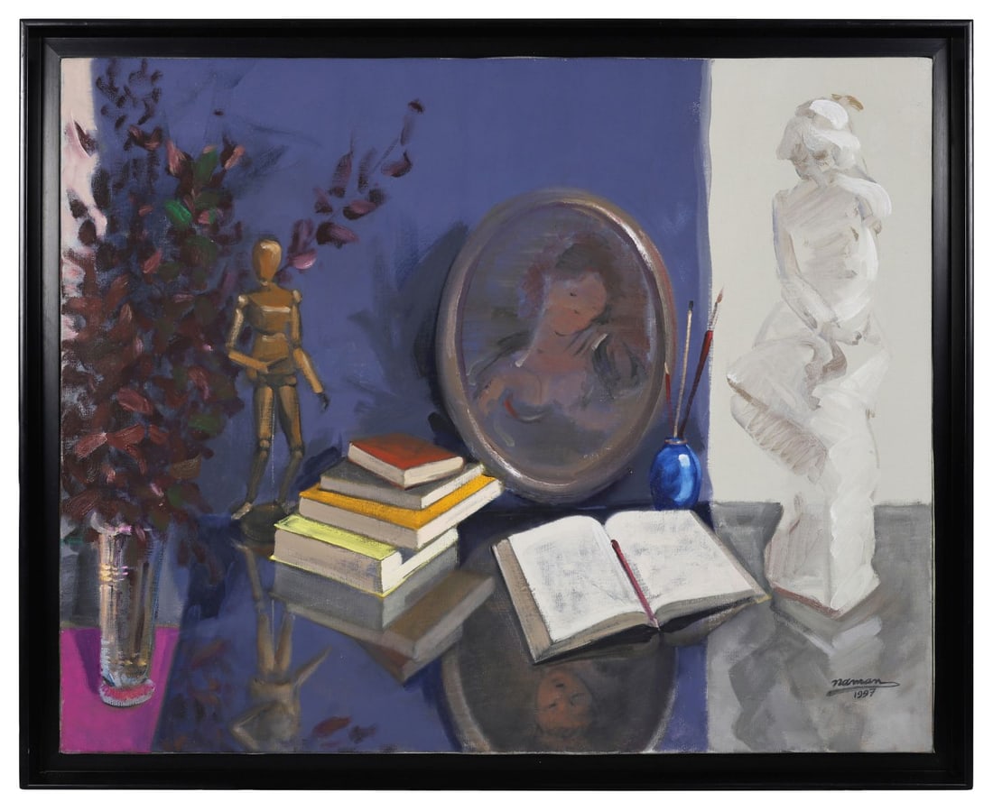 NAMAN H. SALMAN (CONTEMPORARY): Title: Still Life with Books and Sculpture (1997)Medium: Oil on CanvasSignature: Signed and Dated Lower Right; Inscribed VersoProvenance: Private CollectionFramed PICTURES AND PRINTS Wednesday 10th