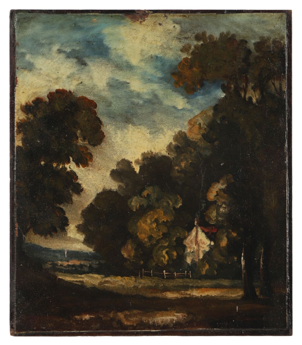 JOHN CONSTABLE RA (1776 - 1837): (EAST BERGHOLT 1776 - 1837 HAMPSTEAD)Title: Sketch - Cottage in the Wood (1832)Medium: Oil on Paper (Envelope) Laid on Millboard Signature: Inscribed on Label VersoProvenance: These Rooms,