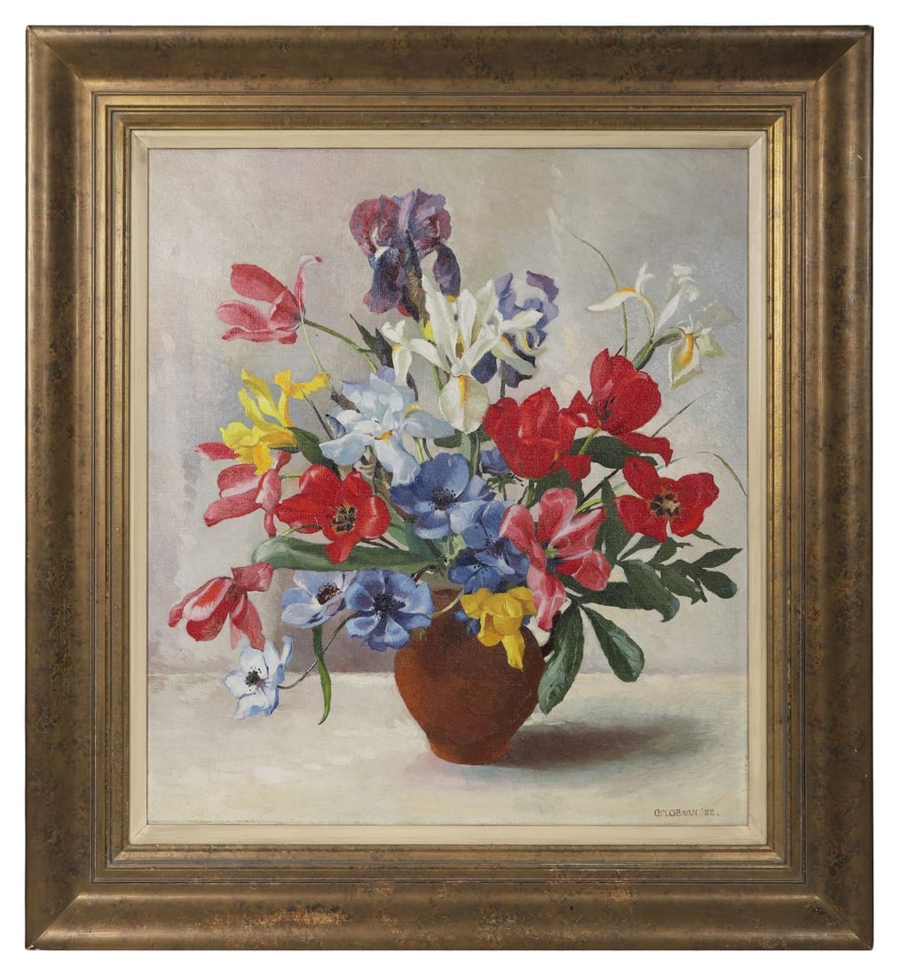 GERALDINE M. O'BRIEN (1922 - 2014): Title: Tulips and Iris (1952)Medium: Oil on CanvasSignature: Signed and Dated Lower RightProvenance: Private CollectionFramed PICTURES AND PRINTS Wednesday 10th June 2026 15:54:10