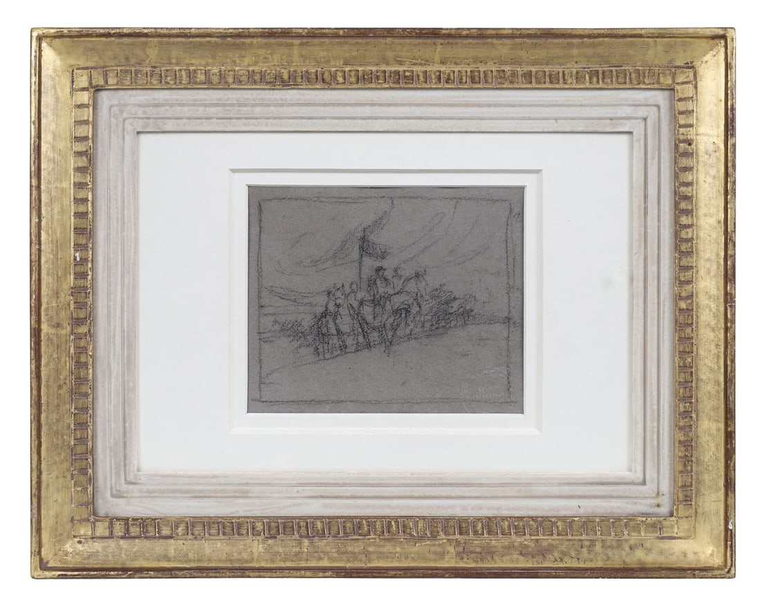 LUCY KEMP WELCH (BRITISH, 1869 - 1958): Title: Breezy Day - Horses and Riders with a Flag (1927)Medium: Charcoal (Second Image Verso)Signature: Artist's Studio Stamp Lower Right; Inscribed on Labels VersoProvenance: Commissioned by Mr.
