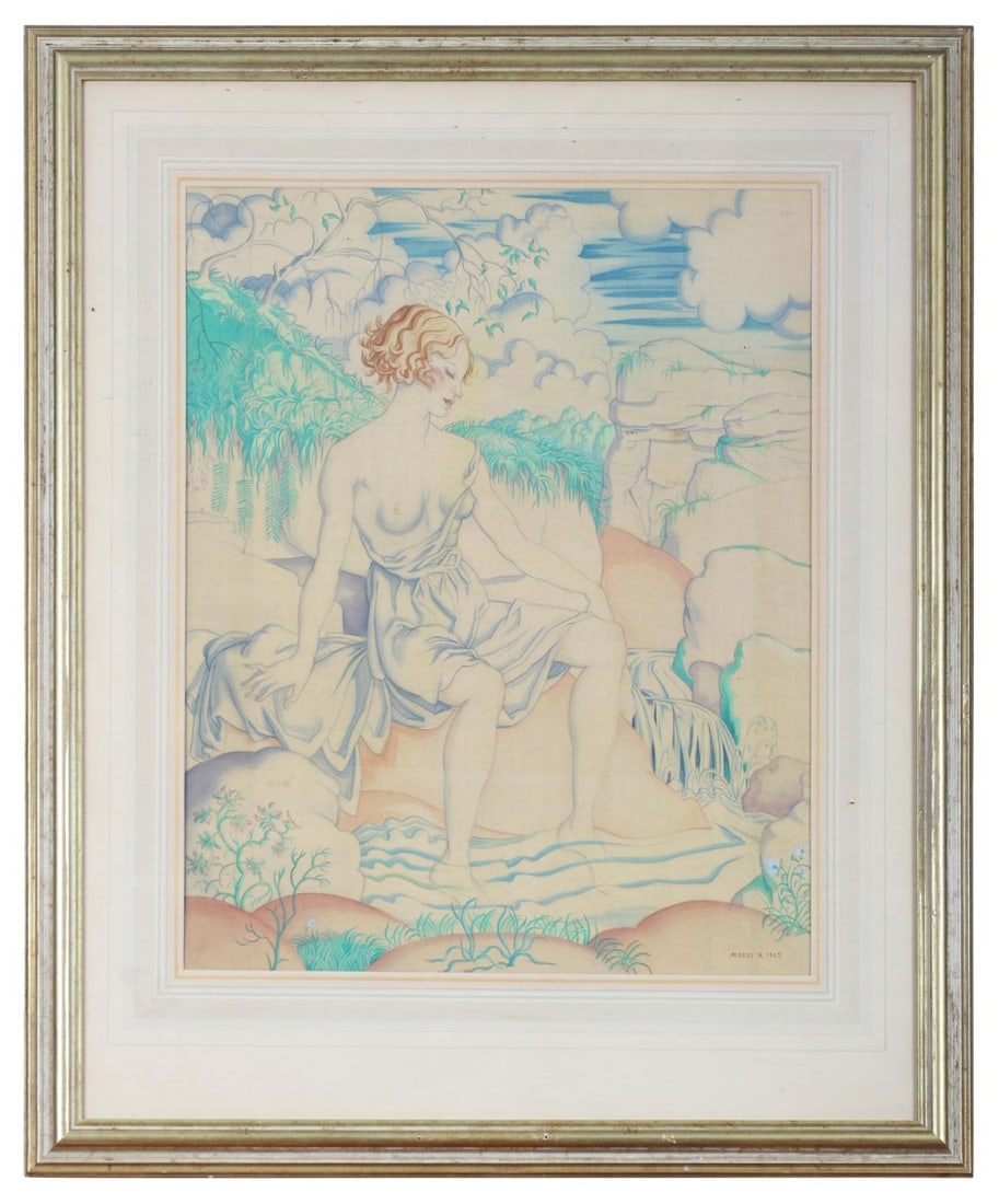 ALBERT RUTHERSTON (BRITISH, 1881 - 1953): Title: Bather (1925)Medium: Watercolour and Bodycolour on SilkSignature: Signed and Dated Lower Right; Inscribed on Label VersoProvenance: Imperial Art Gallery, London (Label Verso); Leicester Galleri