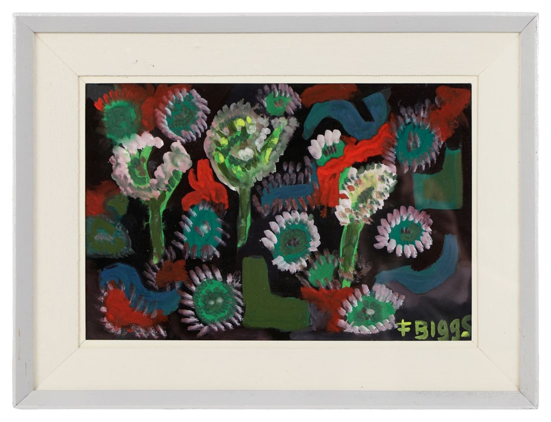 FRANCES BIGGS (D. 2006): Title: Mystic FlowersMedium: Oil on BoardSignature: Signed Lower Right and Titled VersoProvenance: David Hendriks Gallery, Dublin (Framing Label Verso); Private CollectionFramed PICTURES AND PRINTS
