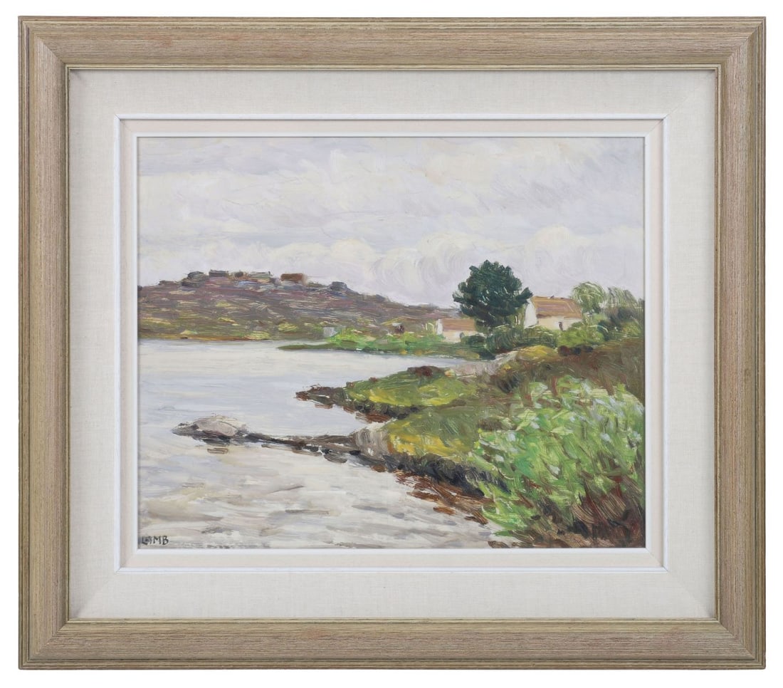 CHARLES VINCENT LAMB RHA RUA (1893 - 1964): Title: Cottages by the Lake, ConnemaraMedium: Oil on BoardSignature: Signed Lower LeftProvenance: Oisin Gallery, Dublin (Label Verso); Private CollectionFramedCharles Lamb was born in Portadown in