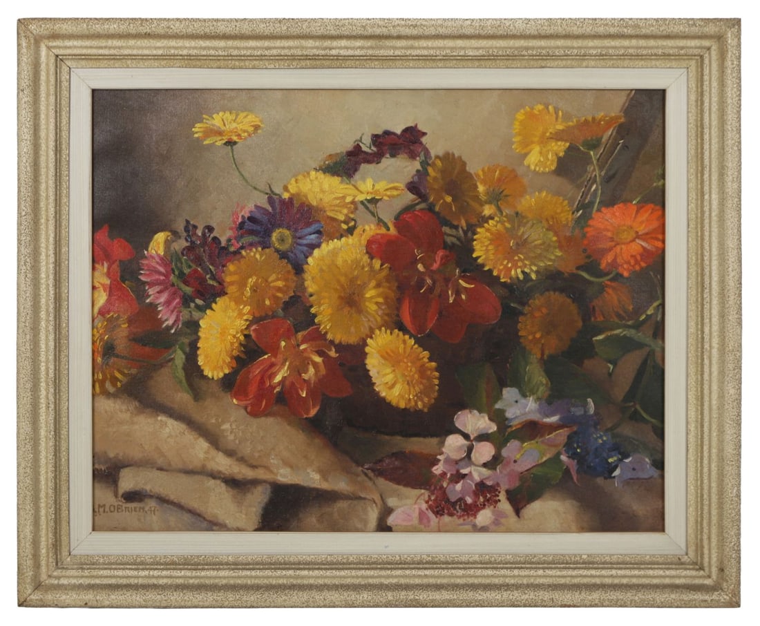 GERALDINE M. O'BRIEN (1922 - 2014): Title: Basket of Flowers (Chrysanthemum, Daisies, Lilies and Hydrangea) (1947)Medium: Oil on CanvasSignature: Signed and Dated Lower LeftProvenance: Private CollectionFramed PICTURES AND PRINTS