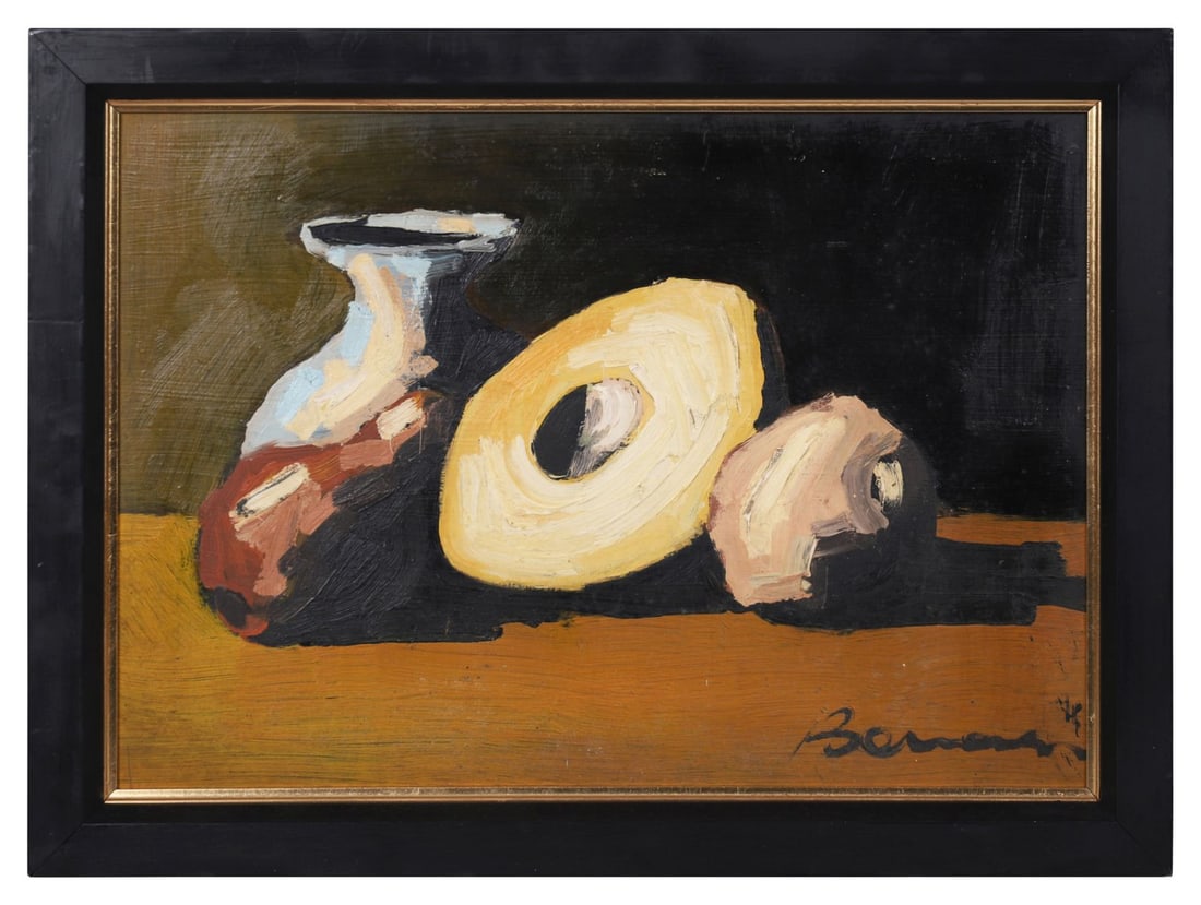 BERTIE BONNARD (20TH/21ST CENTURY): Title: Still Life - Jug and FruitMedium: Oil on BoardSignature: Signed Lower Right and Inscribed VersoProvenance: Private CollectionFramed PICTURES AND PRINTS Wednesday 10th June 2026 17:18:20