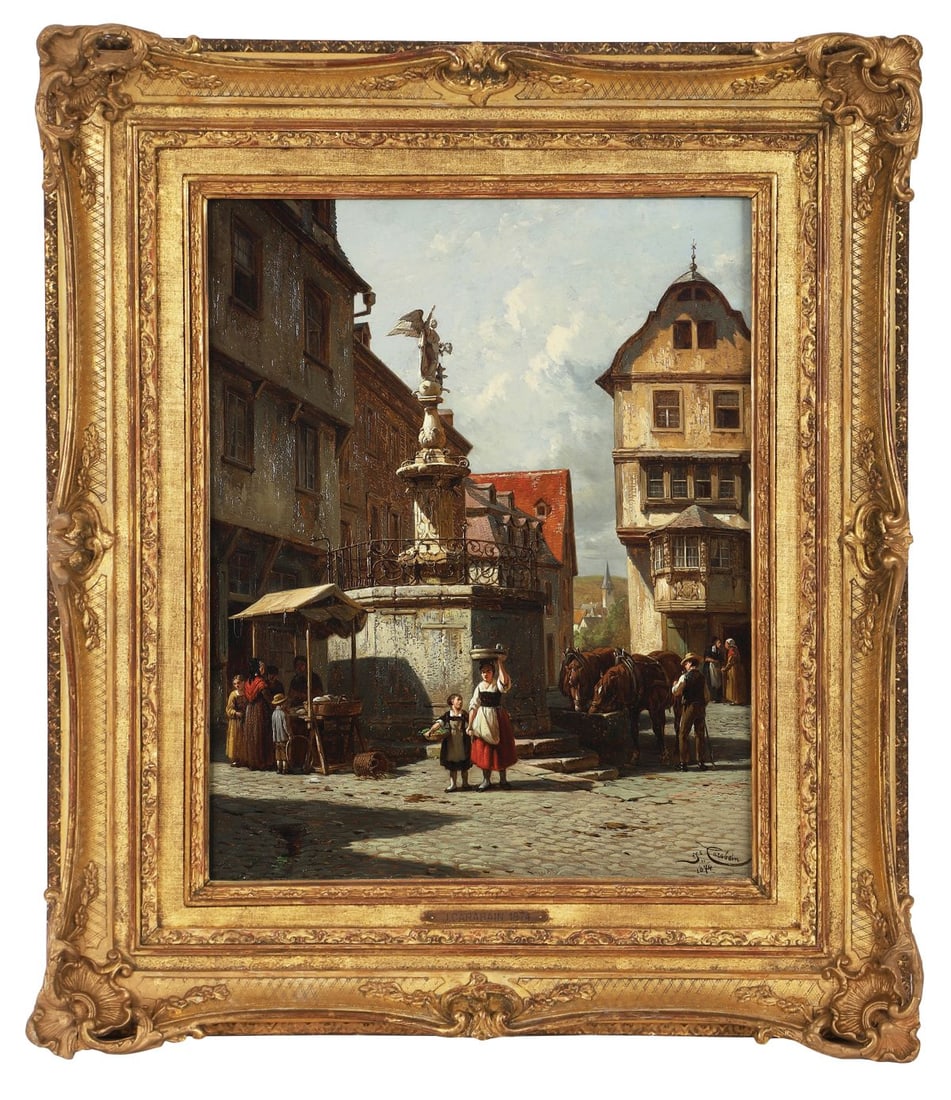 JACQUES FRAN?OIS CARABAIN (1834 - 1933): Title: Une Fontaine a Bern - Castel, bords de la Moselle: A Town Square in Switzerland (1874)Medium: Oil on Panel Signature: Signed and Dated Lower RightProvenance: Kunsthandel Pieter A. Scheen, The