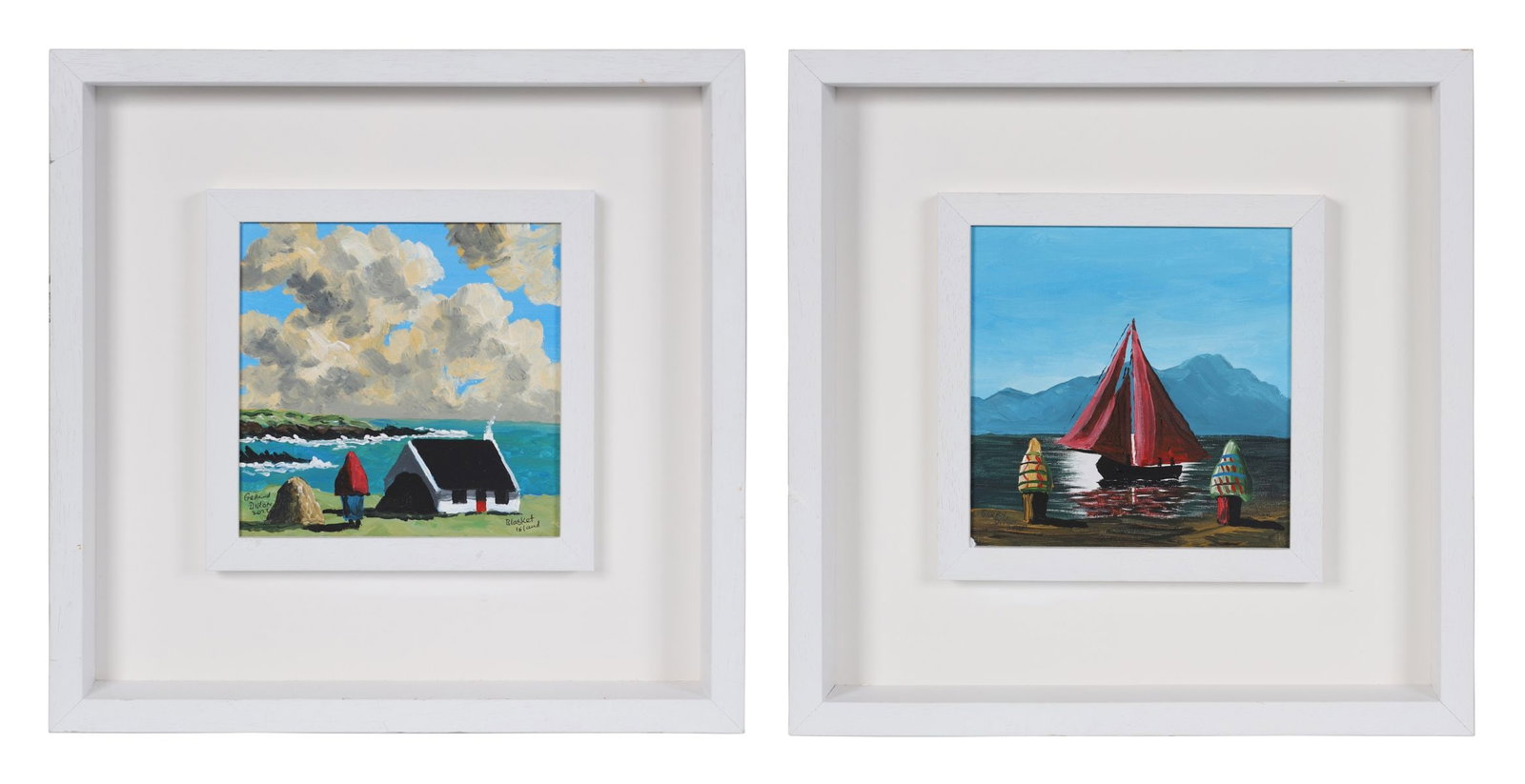 GERARD DILLON (CONTEMPORARY): Title: Blasket Island and Galway Hooker (Pair)Medium: Oil on BoardSignature: Each Signed Lower Left and Titled VersoProvenance: The Artist's Studio, Dingle, Co. Kerry; Private CollectionFramed PICTURE