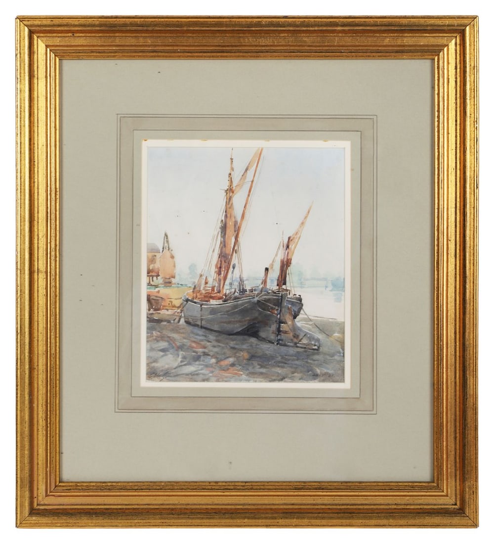 CHARLES MACIVER GRIERSON RI (1864 - 1939): Title: Barges at Hammersmith, Evening (1921)Medium: WatercolourSignature: Signed Lower Left and Dated Lower RightProvenance: The Frederick Gallery, Dublin (Label Verso); Private CollectionExhibited: