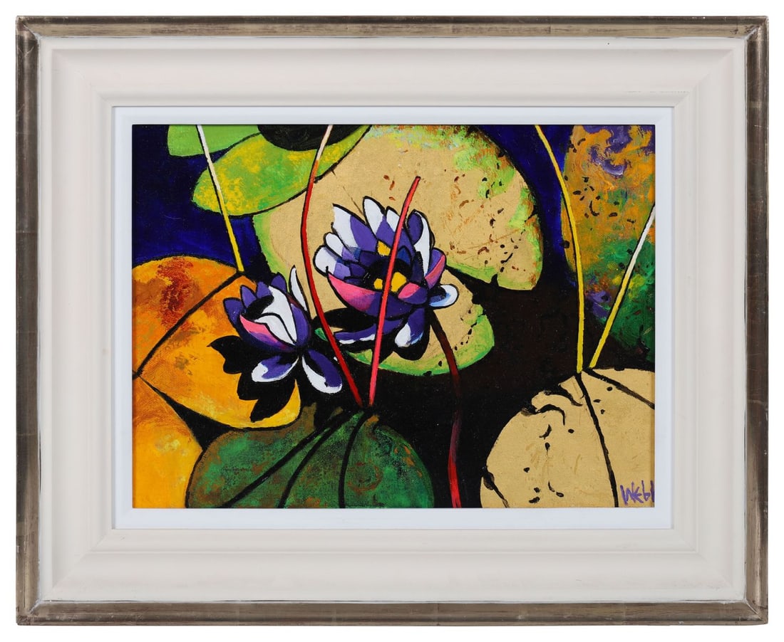 KENNETH WEBB RWA FRSA RUA (B. 1927): Title: Waterlily Symphony IIIMedium: Oil on CanvasSignature: Signed Lower Right and Inscribed VersoProvenance: Gladwell and Patterson, London (Label Verso); Private CollectionFramedKenneth Webb, often