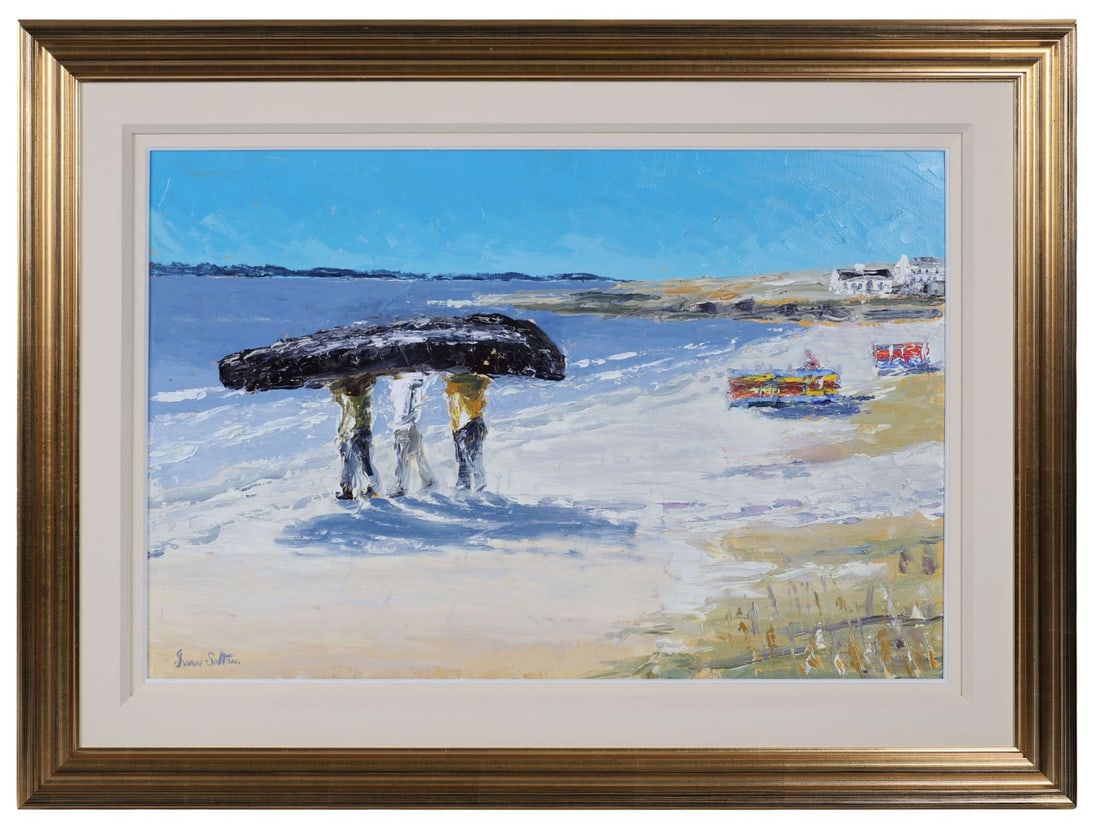 IVAN SUTTON (B. 1944): Title: Launching Currach, Kilmurvey Beach, Inishmore, Co. GalwayMedium: Oil on BoardSignature: Signed Lower Left and Inscribed VersoProvenance: Private CollectionFramed PICTURES AND PRINTS Wednesday 1