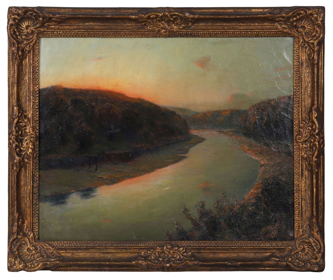 JULIUS OLSSON RA (1864 - 1942): Title: The Setting SunMedium: Oil on CanvasSignature: Signed Lower RightProvenance: Gallery Oldham, Oldham, Greater Manchester (Label Verso); Private CollectionExhibited: Gallery Oldham, Spring