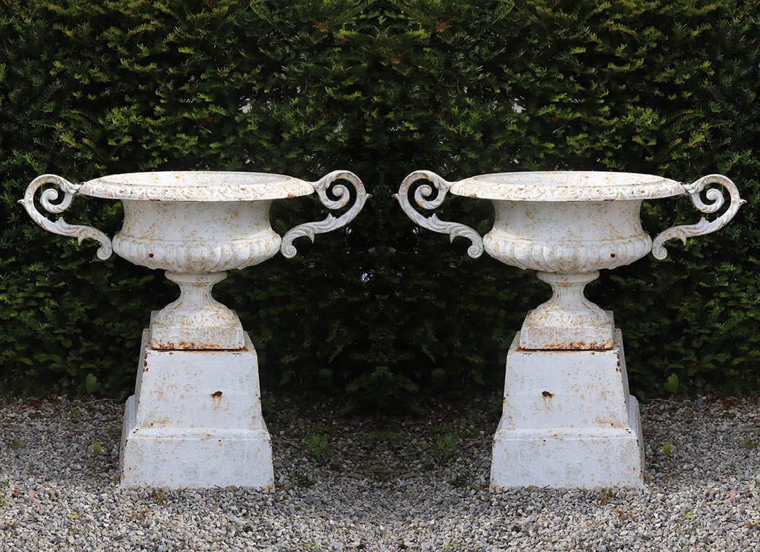 PAIR 19TH-CENTURY LARGE CAST IRON URNS ON PLINTHS (1 of 3)