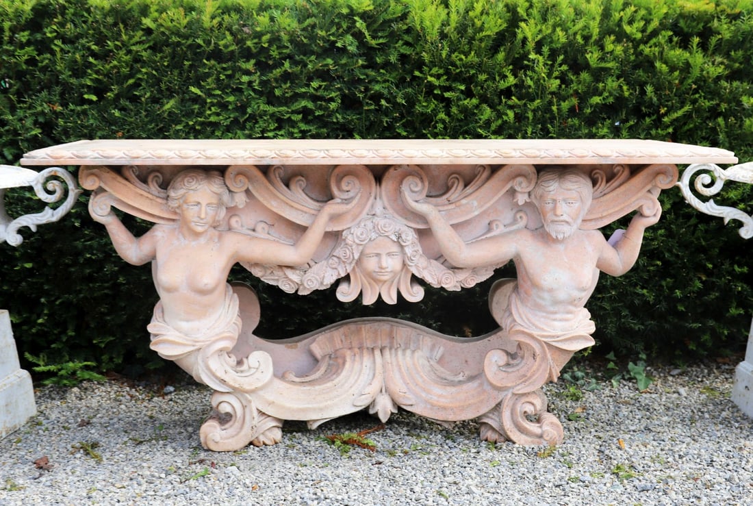 GRAND CARVED MARBLE GARDEN TRITON CONSOLE TABLE (1 of 4)